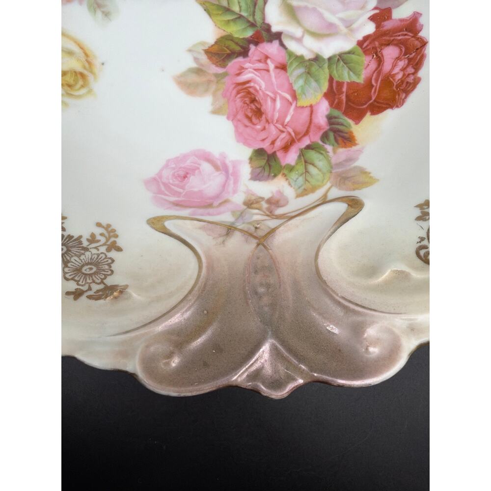 Antique Germany 101 Porcelain Serving Bowl 11” Roses Pink Gold Art Nouveau - Picture 5 of 14